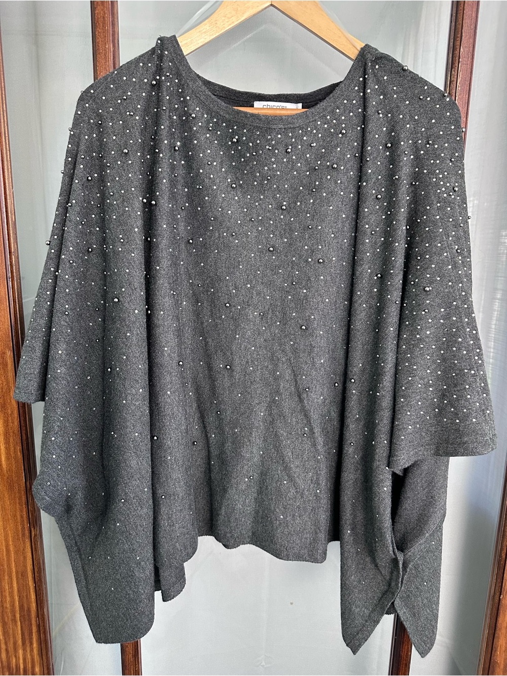 Chico's Poncho Sweater Women's XL Charcoal Gray Beaded Rhinestone Dressy Bling